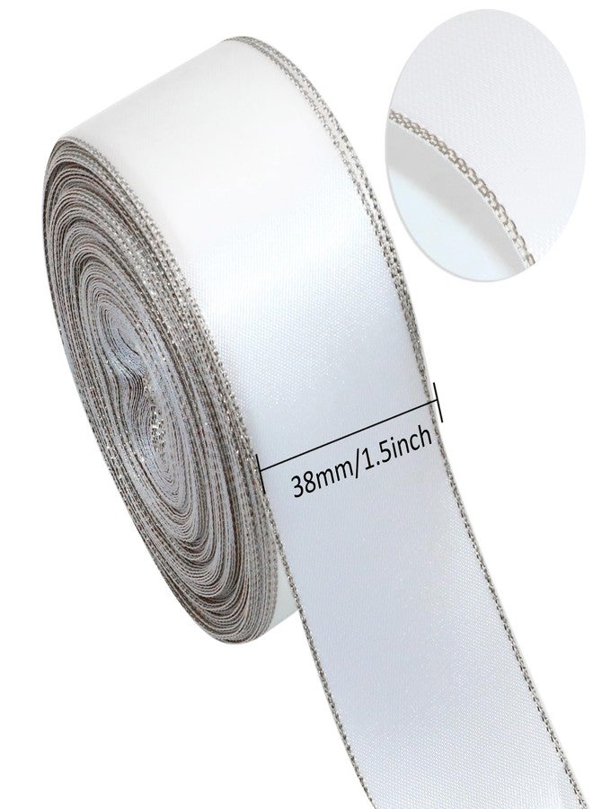 David accessories Satin Ribbon with Silver Edges 1.5 Inch Wide 20 Yards, Gold Border Fabric Ribbons for Gift Wrapping DIY Crafts Christmas Decor Wreath Bows Invitations (White) - Image 2